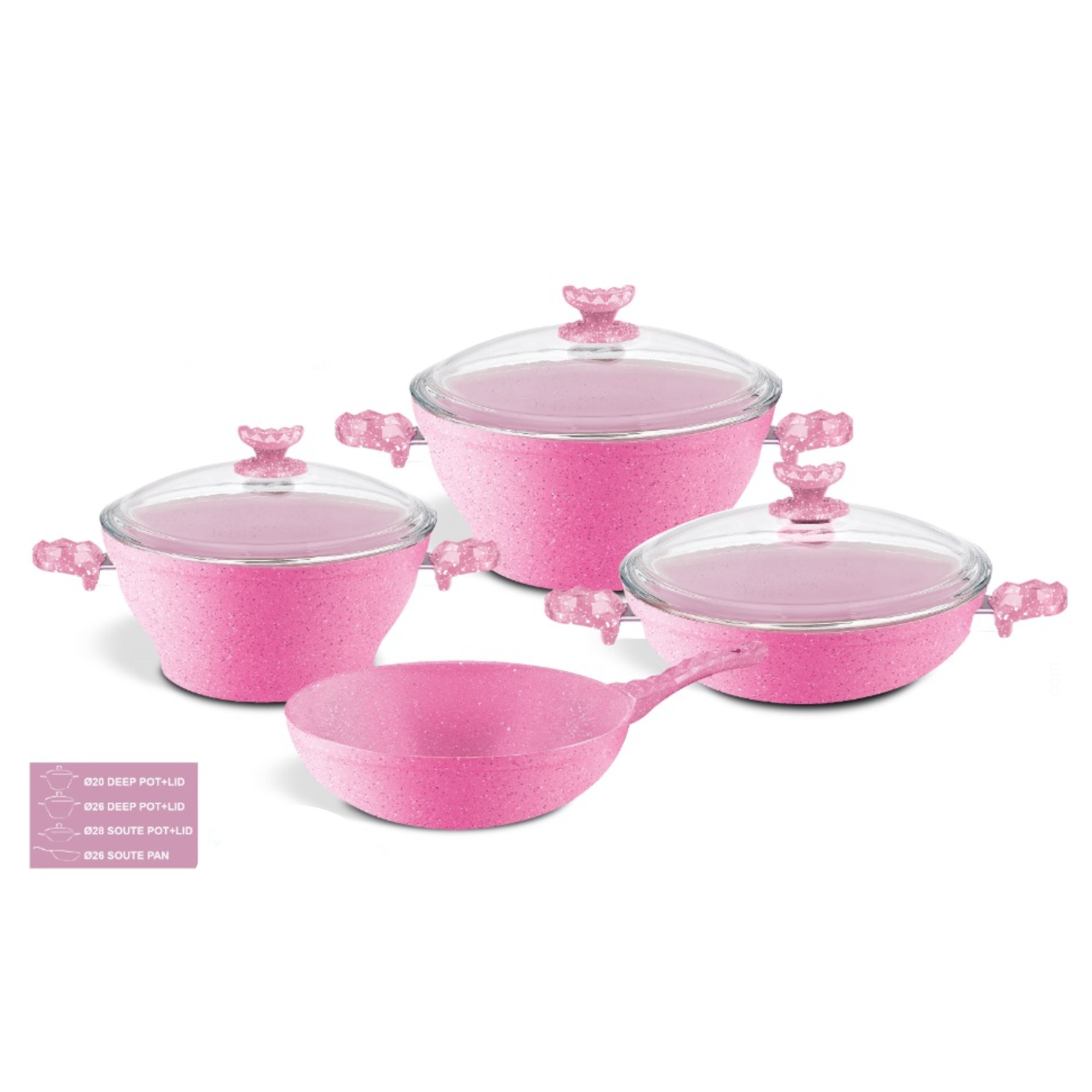 BySila  PAPILLA Argos Tuscany Pink Marbled 4mm Thickness 7 Pieces Granite  Pan and Pot Set Granite Cookware & Cookware Set Pink